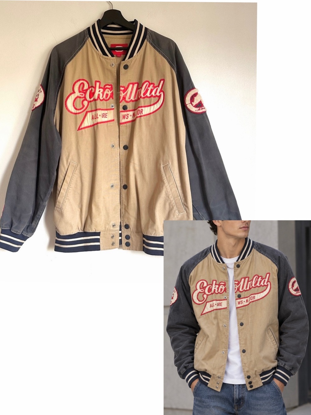 Ecko Unltd Varsity Bomber Jacket 100% Cotton Canva Patched L Vintage USA